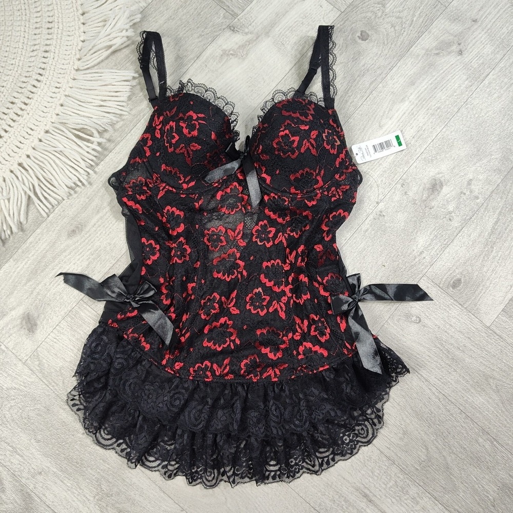Nwts! Rene Rofe Women's Large Metalic Red & Black Lace Floral Lingerie With Bows